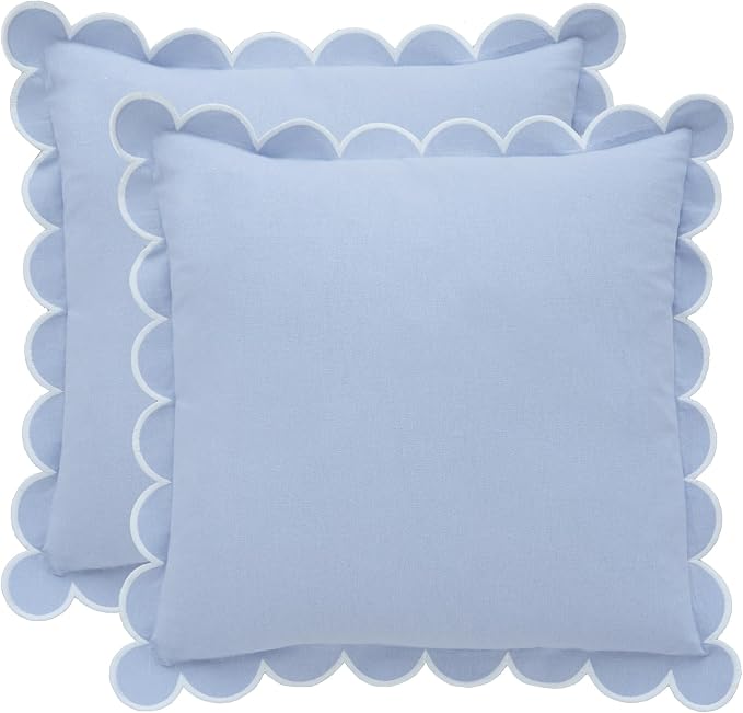 BEBE BASK Blue Scalloped Pillow Cover - Set of 2-18 x 18 Inch - Scallop Pillow Cover - Scalloped Pillows - Scallop Pillows - 100% Cotton - Grandmillennial Style (Sky Blue/White)