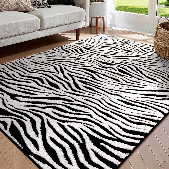 YIHOUSE 5×7 Ft Area Rugs, Black and White Modern Abstract Rug, Washable Plush Soft Zebra Print Carpet, Non-Slip Non-Shedding Rug for Living Room, Bedroom, Playroom, Home Office Decor