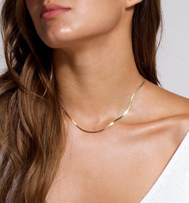Tewiky Gold Chain Necklace for Women, 14k Gold Plated Thin Beaded Wave Box Necklace Dainty Simple Layered Choker Minimalist Link Chain Necklace Trendy Jewelry for Women