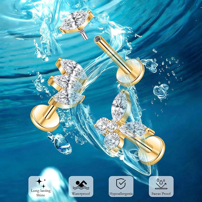 limerencia Titanium Internally Threaded Flat Back Earrings, 3 Pcs Implant Grade Hypoallergenic Studs, 18G Tragus Helix Conch Cartilage Piercing Jewelry for Sensitive Ears Women Men, Gold/Silver