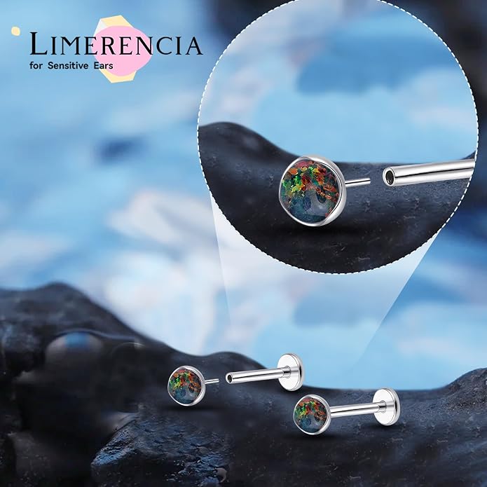 limerencia 18G Hypoallergenic Titanium Opal Threadless Nose Stud Earrings, 2PC Flat Back Push in Stud Earrings Labret Medusa Monroe Helix Cartilage Tragus Conch Piercing Jewelry for Women Men