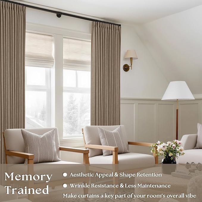 TWODRAPES Tan Brown Linen Curtains 86 Inches Long for Living Room Pinch Pleated Drape with Hooks Rings for Track System Light Filtering 86 Inch Curtain for Bedroom Sliding Patio Door 2 Panels Latte