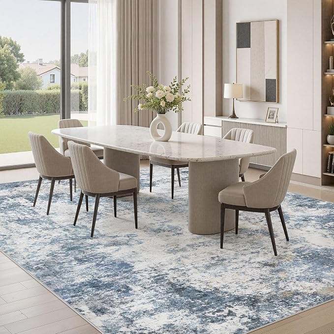 DMOYEST 10x14 Area Rug for Living Room, Washable & Non Slip Large Indoor Carpet, Kid & Pet Friendly Soft Thin Low Pile Abstract Rug for Bedroom and Office - Blue