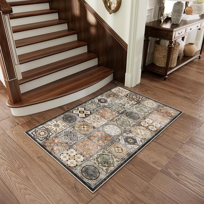Washable Entryway Rug 3'x5 Non-Slip Backing Vintage Indoor Rug Low Pile Lighrweight Carpet for High-Traffic Indoor Entrance & Kitchen Farmhouse Decor