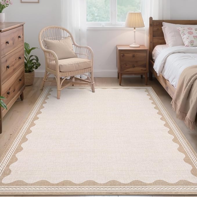 GarveeHome Scalloped 3x5 Rug Washable Non-Slip Low-Pile Indoor Rugs for Entryway Solid Beige Modern Carpet for Kitchen Bedroom Living Room Bathroom Indoor Mat