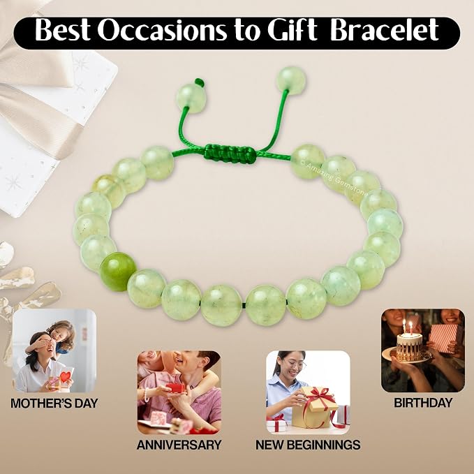 Amazing Gemstone Prehnite Bracelet, Gifts for Men & Women - Protection Healing Crystal Bracelet - 8mm Gemstone Beaded Adjustable Bracelet, Pulseras para Hombres Mujer Stocking Stuffers