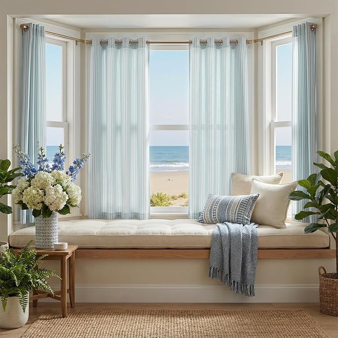 Vangao Linen Striped Curtains for Living Room Bedroom Farmhouse Tickingstripe Light Filtering Window Curtains Printed Drapes Grommet Top 2 Panels Aqua Blue on Off White W50 x L63 Inch