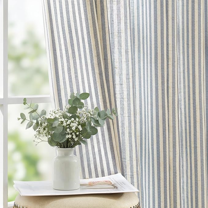 jinchan Linen Curtains 90 inch Blue Stripe on Beige Grommet 2 Panels | Curtains for Living Room Bedroom,Ticking Stripe Pattern,Pinstripe Farmhouse Rustic,Window Treatment,Light Filtering