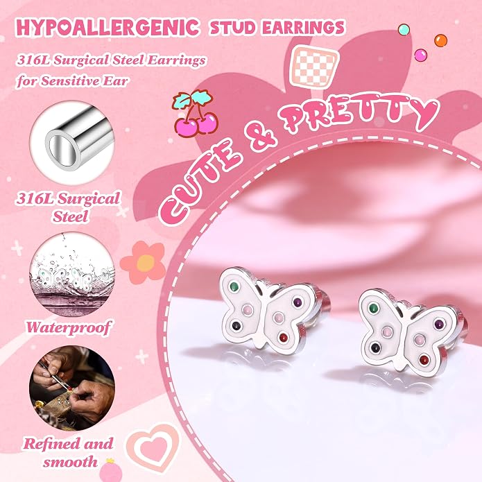 FASACCO 10Pairs Hypoallergenic Screw Back Earrings for Women Girls Stainless Steel CZ Heart Butterfly Ball Stud Earrings Multicolored Cat Rainbow Screwback Stud Earrings Set Over 3 Years Old