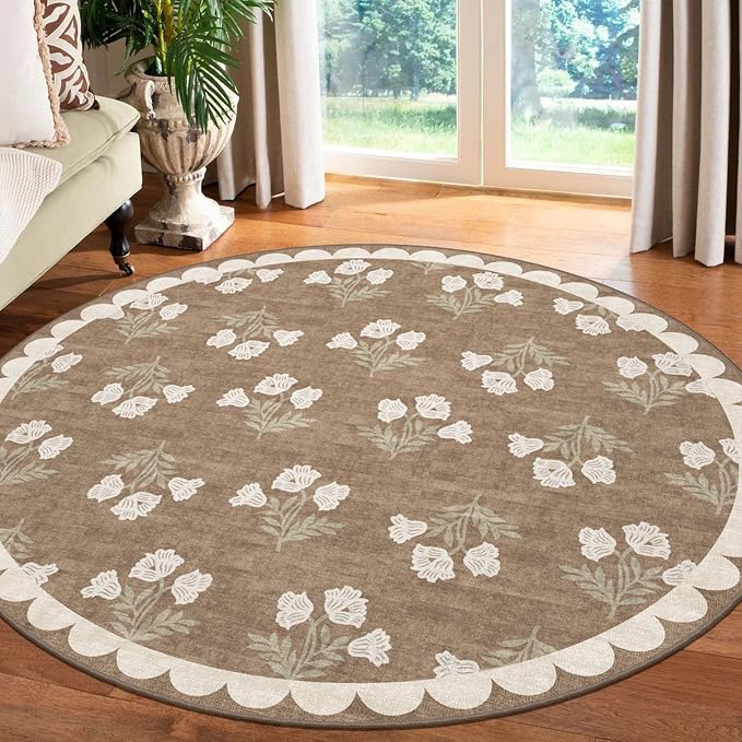 Tan Neutral Round Rug 5ft - Washable Floral Boho Farmhoues Scalloped Round Rugs for Bedroom Non Slip Stain Resistant 5x5 Circle Area Rug for Living Room Entryway Dining Room Nursery Carpet