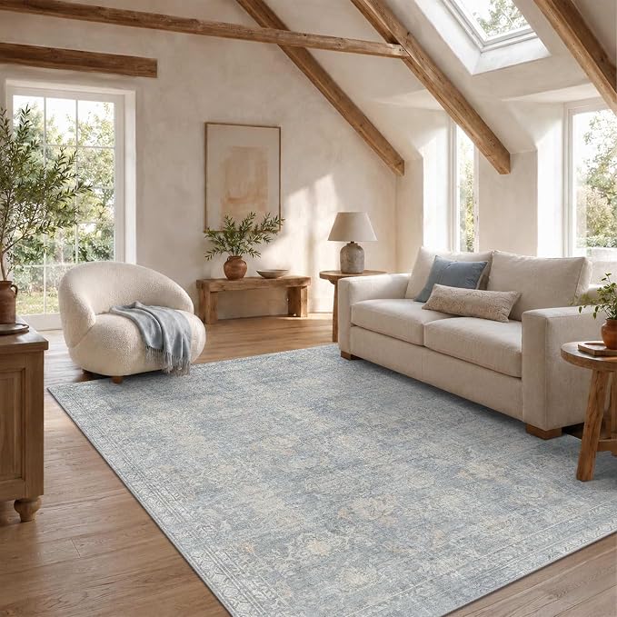 Rugxara 5x7 Area Rugs Washable Rug for Living Room Bedroom, Blue/Beige | Non Slip, Rug for Dining Room Dorm Office Farmhouse, Stain Resistant, Soft, Vintage Boho Carpet, Low Pile, Home Decor