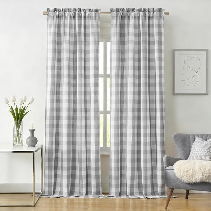 Grey White Buffalo Plaid Semi Sheer Curtains Rod Pocket 52"Wx90"L | Gingham Geo Pattern,Farmhouse Gingham Drapes,Yarn Dyed Light Filtering Panels,Rustic Window Treatment for Bedroom Living Room
