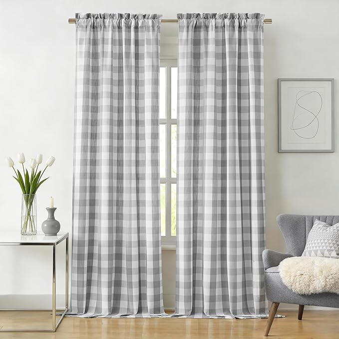 95 Inch Plaid Semi Sheer Curtain Panels for Bedroom Living Room | Grey White Buffalo Check Drapes,Farmhouse Window Treatment,Rod Pocket,52"Wx95“L(Pack of 2)