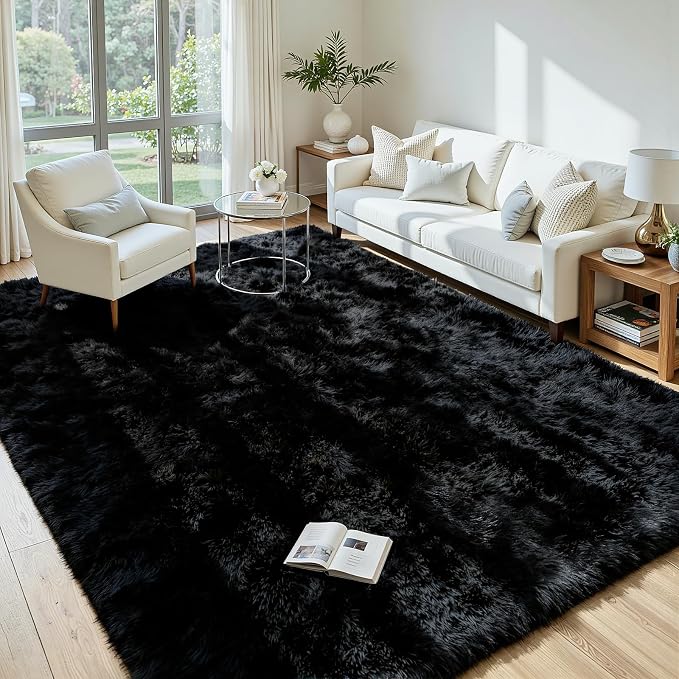 5x7 Area Rug for Living Room, Ultra Soft Fluffy Black Rugs for Bedroom, Non Slip Large Shag Carpet, Fuzzy Plush Nursery Rug, Thick Washable Indoor Floor Carpets for Kids Office Dorm Home Decor