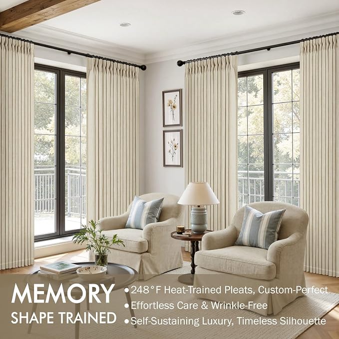 MIULEE Pinch Pleated Thick Linen Curtains 90 Inches Long 2 Panels for Living Room Bedroom, Linen Textured Memory Trained Pleat Drapes Back Tab Light Filtering Beige Window Curtains with Hooks