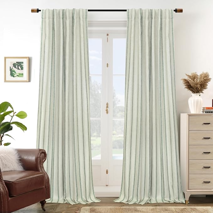 DriftAway Farmhouse Stripe Blackout Curtains, W52xL84, Loden Green | Blackout, Linen Texture, Stripe Pattern, Rod Pocket & Back Tab, Two Layers, Bedroom Living Room Use, Sound Reducing Design