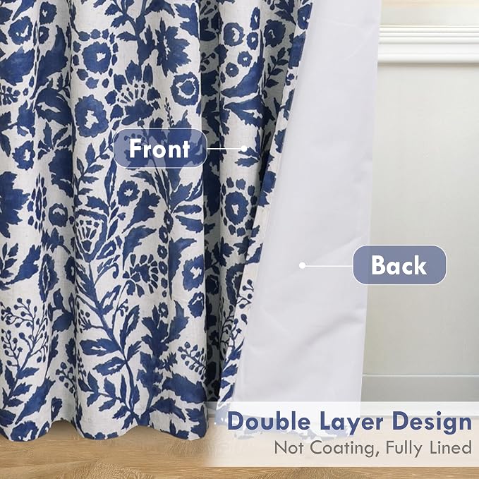DriftAway Julia 100% Blackout Curtains Grommet 2 Panels, W52xL108, Navy | Floral Curtains, Bedroom, Living Room, Linen Blend, Watercolor Pattern, 2 Layers, Thermal Insulated, Window Treatment