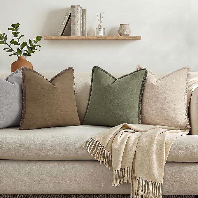 decorUhome Linen Fringe Light Brown Throw Pillow Covers 20x20 Set of 2 | Decorative Soft Accent Modern Boho Farmhouse Cushion Covers with Tassels Cotton Pillow Covers for Couch Bed Sofa