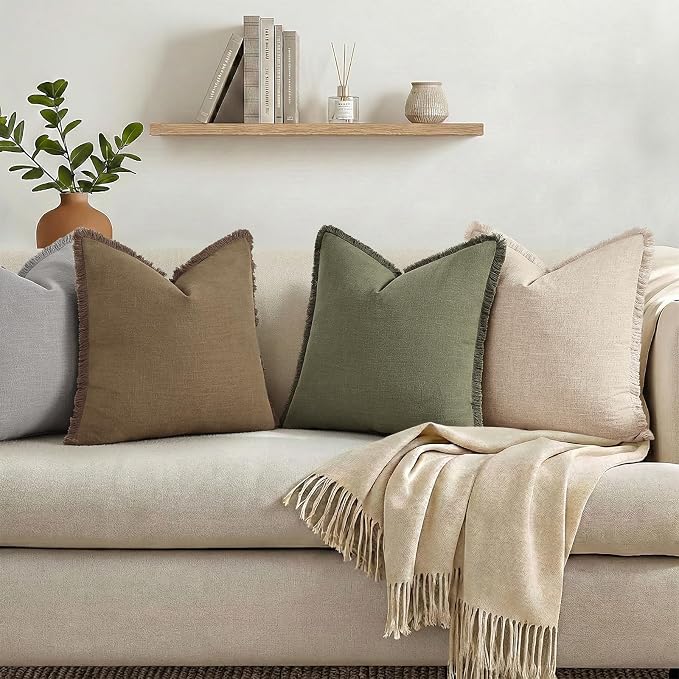 decorUhome Linen Fringe Olive Green Throw Pillow Covers 26x26 Set of 2 | Euro Sham Decorative Soft Accent Modern Boho Farmhouse Cushion Covers with Tassels Cotton Pillow Covers for Couch Bed Sofa