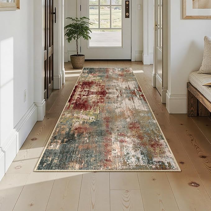 RELEANY Washable Area Rugs 3x8 Non-Slip Modern Abstract Soft for Living Room Entryway Bedroom Kitchen, Print Pattern, Brown Rust Red Green Blue Multi