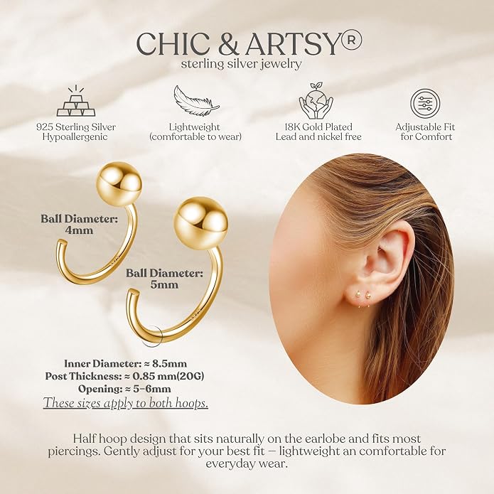 CHIC & ARTSY 925 Sterling Silver Half Hoop Earrings for Women, Small Huggie Hoops Set with Ball Bar Star Moon Cross & Pearl, Lightweight Comfort Fit Everyday & Sleep Earrings
