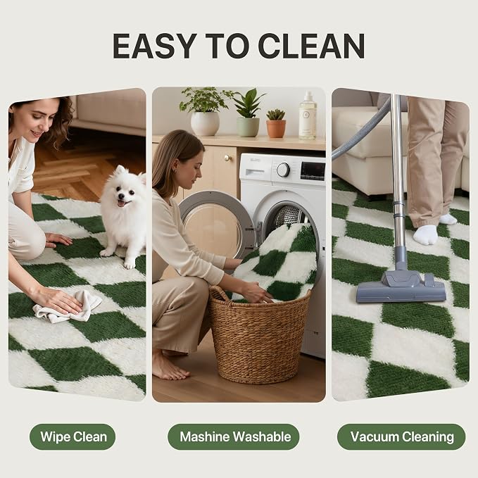 GENIMO Checkered Rug 8x10 Area Rugs for Kids Bedroom Soft Shag Rug Fluffy Fuzzy Carpet Plush Rugs for Living Room Nursery Playroom Dorm Modern Home Decor Aesthetic, Green and White