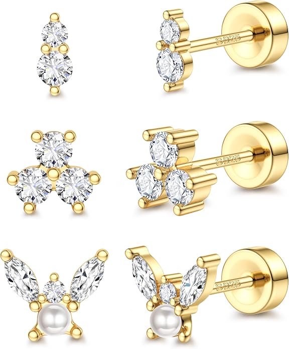 ORAZIO 925 Sterling Silver Flat Back Stud Earrings for Women Hypoallergenic 14K Gold Plated Cartilage Earrings for Sensitive Ears Small CZ Opal Conch Helix Tragus Piercing Jewelry 3 Pairs 20G