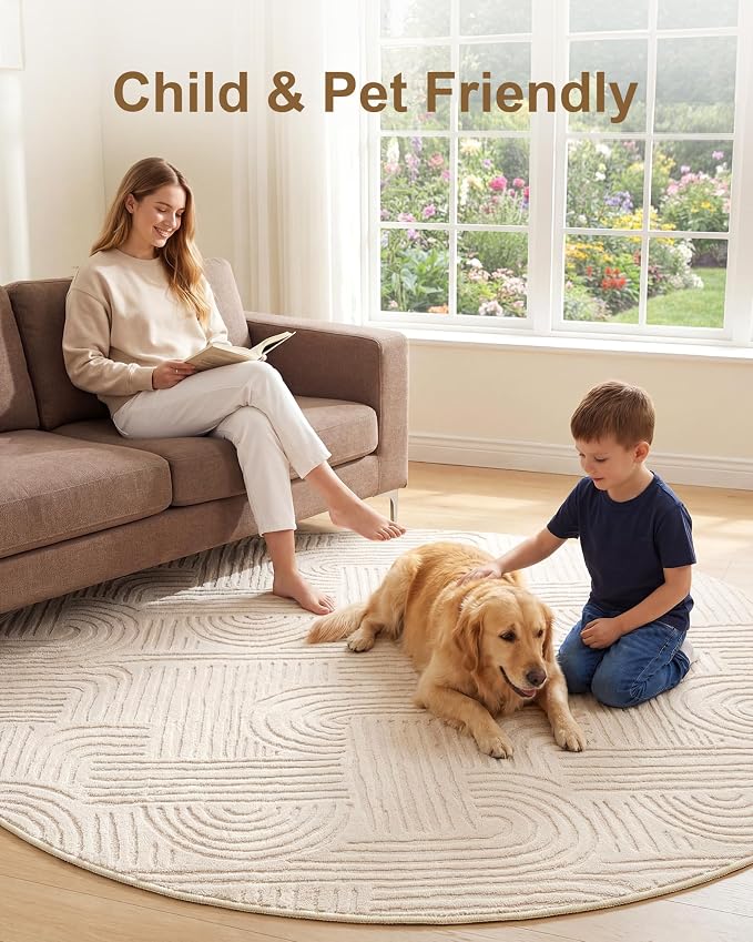 Carvapet 5.2' Round Rug Beige Washable High Low Pile Area Rugs Soft Plush Carpet for Living Room Bedroom Non Slip Indoor Floor Rug for Home Kids Nursery Decor