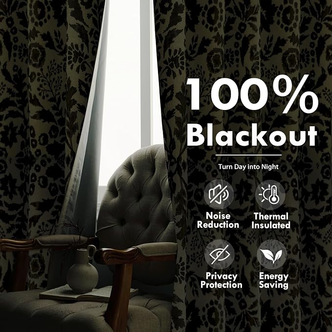 DriftAway Julia 100% Blackout Curtains Grommet 2 Panels, W52xL84, Beige | Floral Curtains, Bedroom, Living Room, Linen Blend, Watercolor Pattern, 2 Layers, Thermal Insulated, Window Treatment