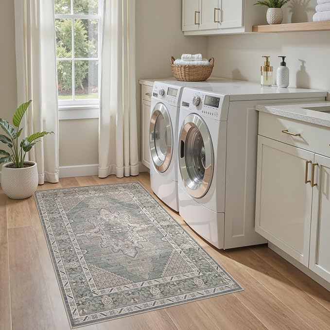 Tortania Area Rug Living Room Rugs - 3x5 Washable Rug Vintage Oriental Distressed Farmhouse Small Thin Indoor Carpet for Living Room Bedroom Under Dining Table Home Office - Green Gray