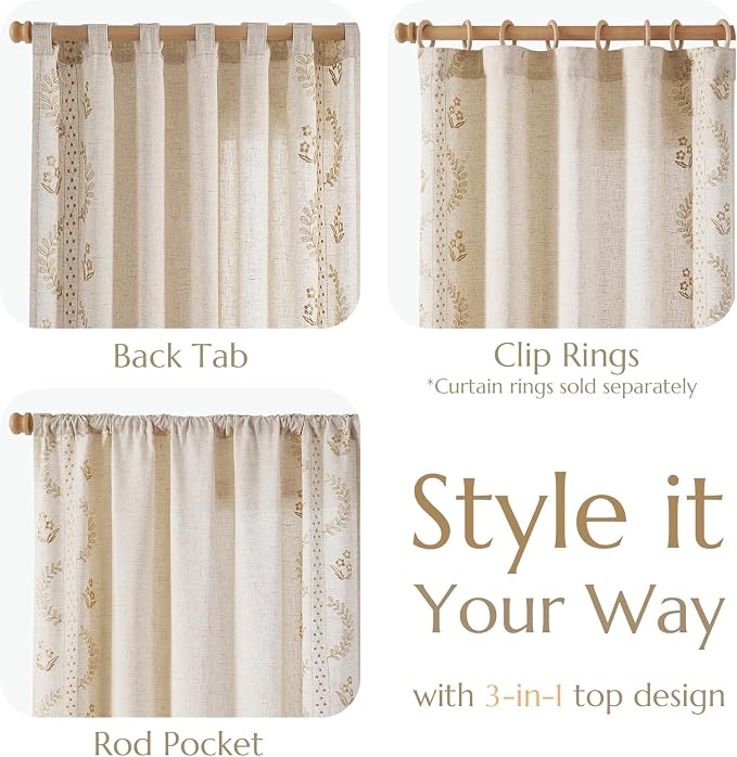 jinchan Floral Linen Curtains 72 Inch Farmhouse Back Tab 2 Panels Beige | Embroidered curtains,boho curtains,living room,bedroom,light filtering,privacy,flower patterned drapes,window treatment