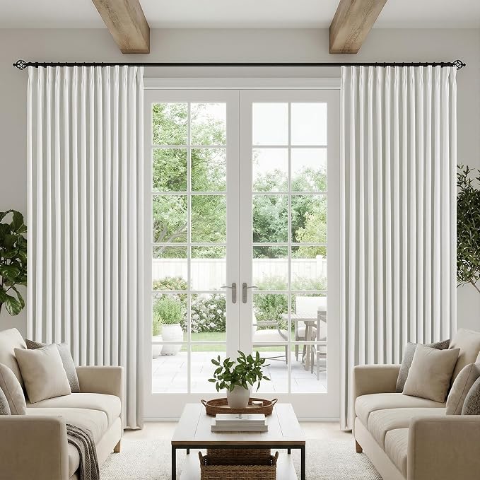 IVAPUPU Linen Pinch Pleated Blackout Curtains for Bedroom - Ivory Full Black Out Curtains 108 Inch 2 Panels Set for Living Room Darkening Thermal Window Curtain Drapes with 16pc Hooks