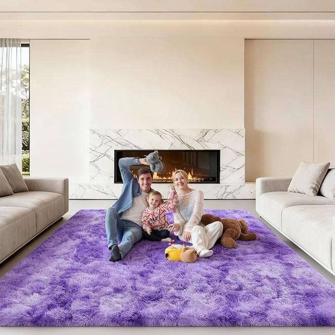 Area Rugs 9x12 Living Room, Large Fluffy Rugs for Bedroom, Fuzzy Shag Soft Non-Slip Carpet for Kids Girls and Boys Nursery Dorm Indoor Room Home Decor (9ft X 12ft, Tie-Dyed Purple)