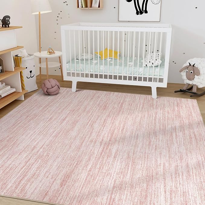 Nakagishi 5x8 Area Rugs Living Room: Washable Large Vintage Rug Neutral Non-Slip Soft Stain Resistant Indoor Carpet for Bedroom Nursery Dining Room Office Playroom - Pink-01