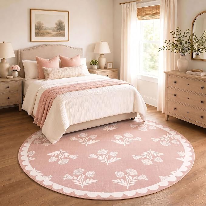 Pink Round Rug 4ft - Soft Washable Boho Floral Round Bedroom Rug Non Slip Stain Resistant Cute Scalloped Circle Area Rugs for Living Room Bathroom Nursery Dining Room Rugs for Under Table