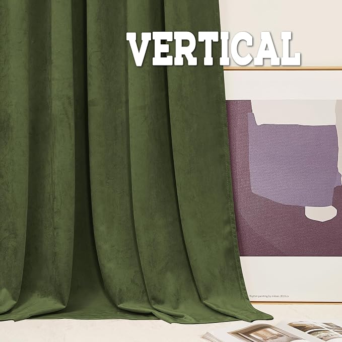 RYB HOME Back Tab Velvet Curtains, Thermal Insulated Privacy Protect Decorative Drapes for Living Room Home Theater, Olive Green, W 52 x L 108 inches, 2 Panels Set