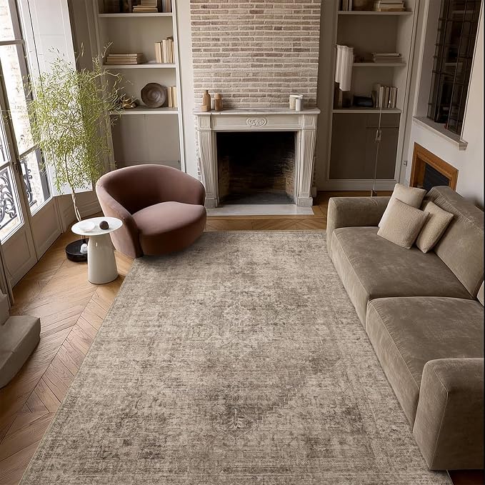 Machine Washable Rugs for Living Room: 5x7 Area Rugs for Bedroom Ultra Soft Non-Slip Low Pile Vintage Distress Boho Large Carpet for High-Traffic Dining Room - Farmhouse Decor