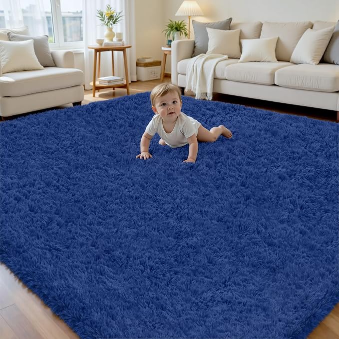 8x10 Area Rug for Living Room, Ultra Soft Fluffy Shag Rugs for Bedroom, Non-Slip Large Fuzzy Plush Rug Indoor Floor Carpet for Nursery Kids Office Dorm Modern Decor, Navy Blue