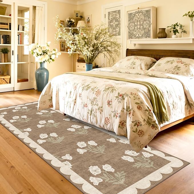 Non Slip Washable Kitchen Runner Rug - 2x8 Long Tan Hallway Runner Rugs Soft Boho Runners for Hallways Vintage Floral Scalloped Runner Rug for Bedroom Entryway Laundry Room Bathroom Foyer