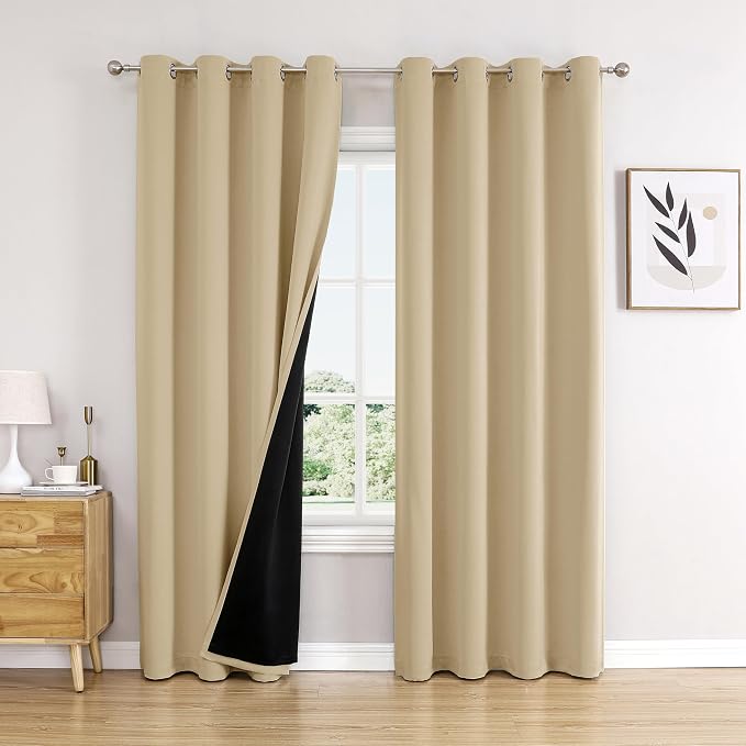 ChrisDowa 100% Blackout Curtains for Bedroom 120 Inches Long 2 Panels Set | 2 Thick Layers, Thermal Insulated, Light Blocking for Living Room, Grommet, Long Window Drapes, Beige, 52 x 120 Inch