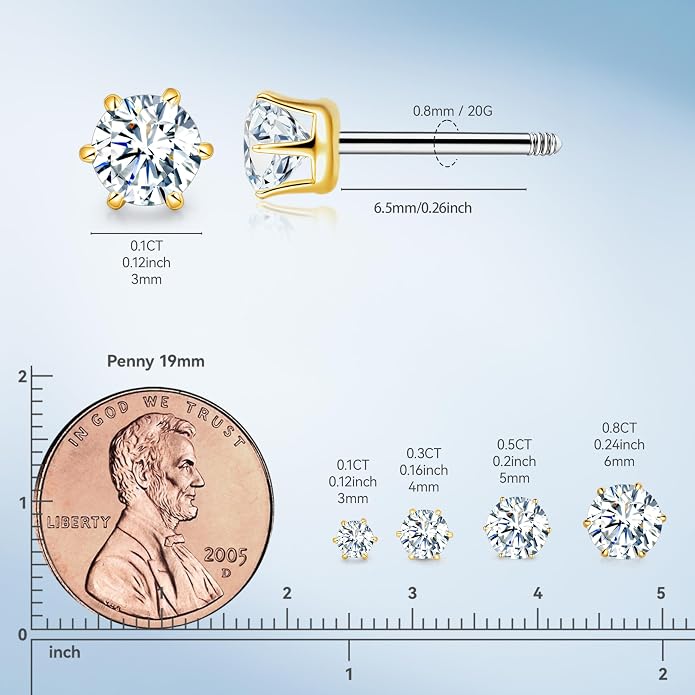 Limerencia Moissanite Stud Earrings G23 Titanium Hypoallergenic Screw Back Moissanite Earrings D Color VVS1 Clarity Jewelry Gifts for Women Men 0.2CT-1.6CT
