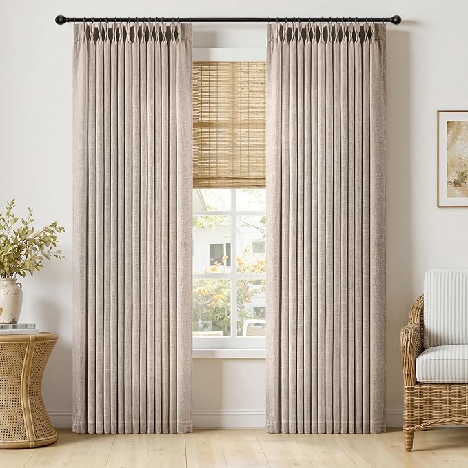 MIULEE Pinch Pleated Thick Linen Curtains 90 Inches Long 2 Panels for Living Room Bedroom, Linen Texture Memory Trained Drapes Pinch Pleat Rustic Farmhouse Window Curtains with Hooks&Rings, Taupe