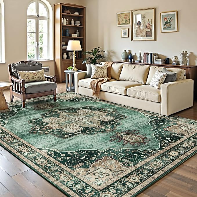 Lofus 5x7 Emerald Green Washable Rugs Non-Slip, Vintage Floral Area Rug for Living Room Bedroom Dining Room Kitchen, Low Pile Distress Print Medallion Carpet Home Decor Rug