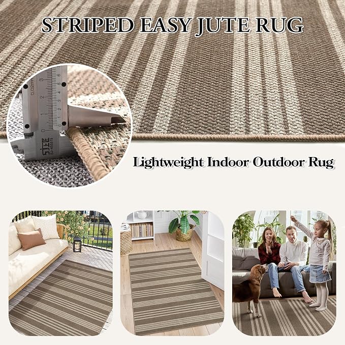Lahome Striped Easy Jute Outdoor Rug 5x7, Living Room Area Rugs Washable | Patio Rug, Modern Farmhouse Neutral Mat, Non Slip Stain Resistance Indoor Carpet for Dining Room Sunroom Bedroom, Khaki Beige