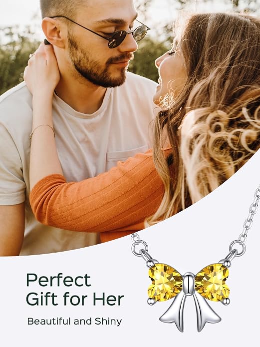 ChicSilver Bow and Cat Birthstone Necklace, 925 Sterling Silver Pendant Necklaces for Women, Hypoallergenic Silver Choker with 16 inch Rolo Chain, 12 Months Jewelry for Valentines Mothers Day Christmas