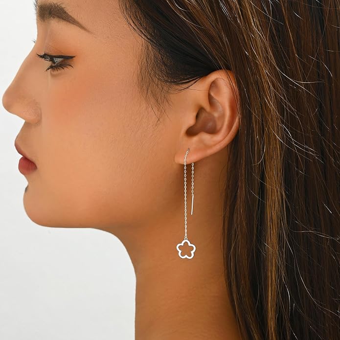 Flower Threader Drop Earrings for Women, 925 Sterling Silver Dainty Hollow Floral Dangle Earrings to Daughter Mother 14k Gold Plated Flowers Long Tassel Chain Earring Birthday Wedding Jewelry Gift