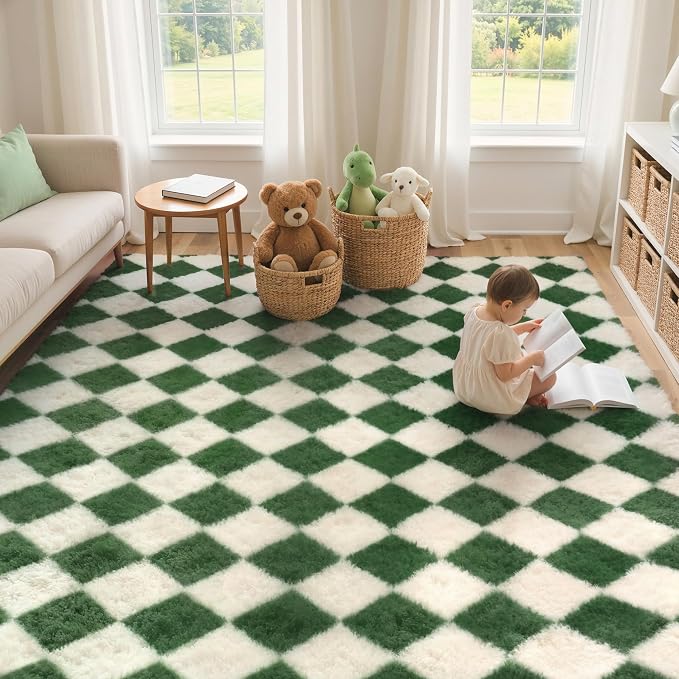 GENIMO Checkered Rug 8x10 Area Rugs for Kids Bedroom Soft Shag Rug Fluffy Fuzzy Carpet Plush Rugs for Living Room Nursery Playroom Dorm Modern Home Decor Aesthetic, Green and White