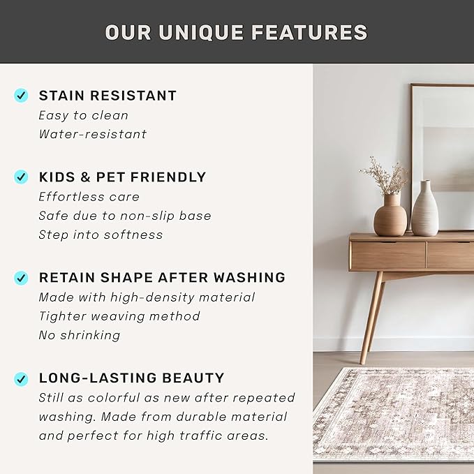 Beige Washable 8ft Long Runners for Hallways, 3x8 Kitchen Runner Rug, Entryway Indoor Runner, Non Slip Boho Vintage Floor Décor for High Traffic Area (3x8 Beige/Latte)