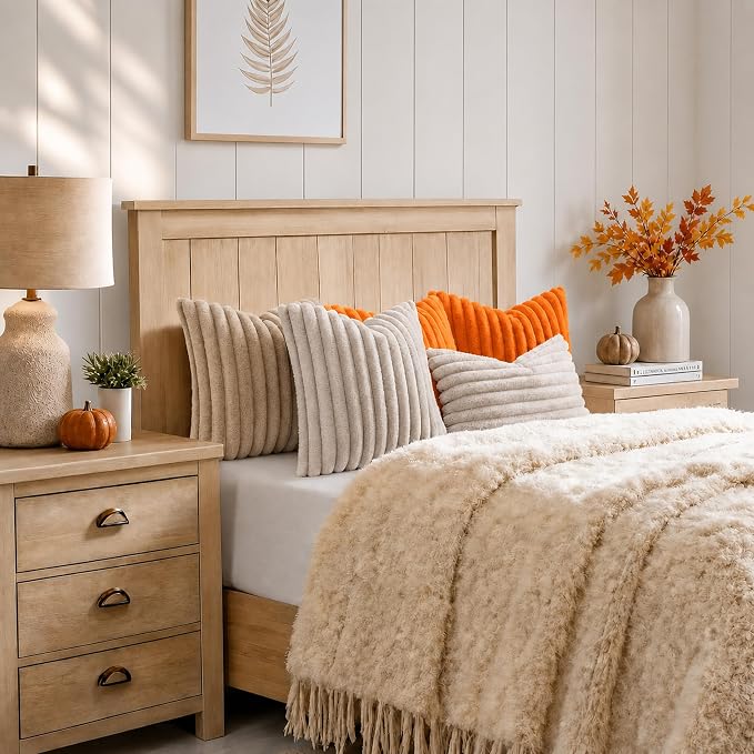 decorUhome Fall Faux Fur Throw Pillow Covers 26x26 Set of 2 Orange | Decorative Soft Cozy Striped Plush Modern Farmhouse Boho Couch Pillow Cases Velvet Back for Sofa Bed Living Room Home Decor