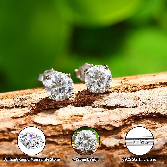 Moissanite Stud Earrings : 18K White Gold Plated Solid 925 Sterling Silver Earring Hypoallergenic Dainty Flat Back Stud Earrings Jewelry for Women Men D Color VVS1 Clarity